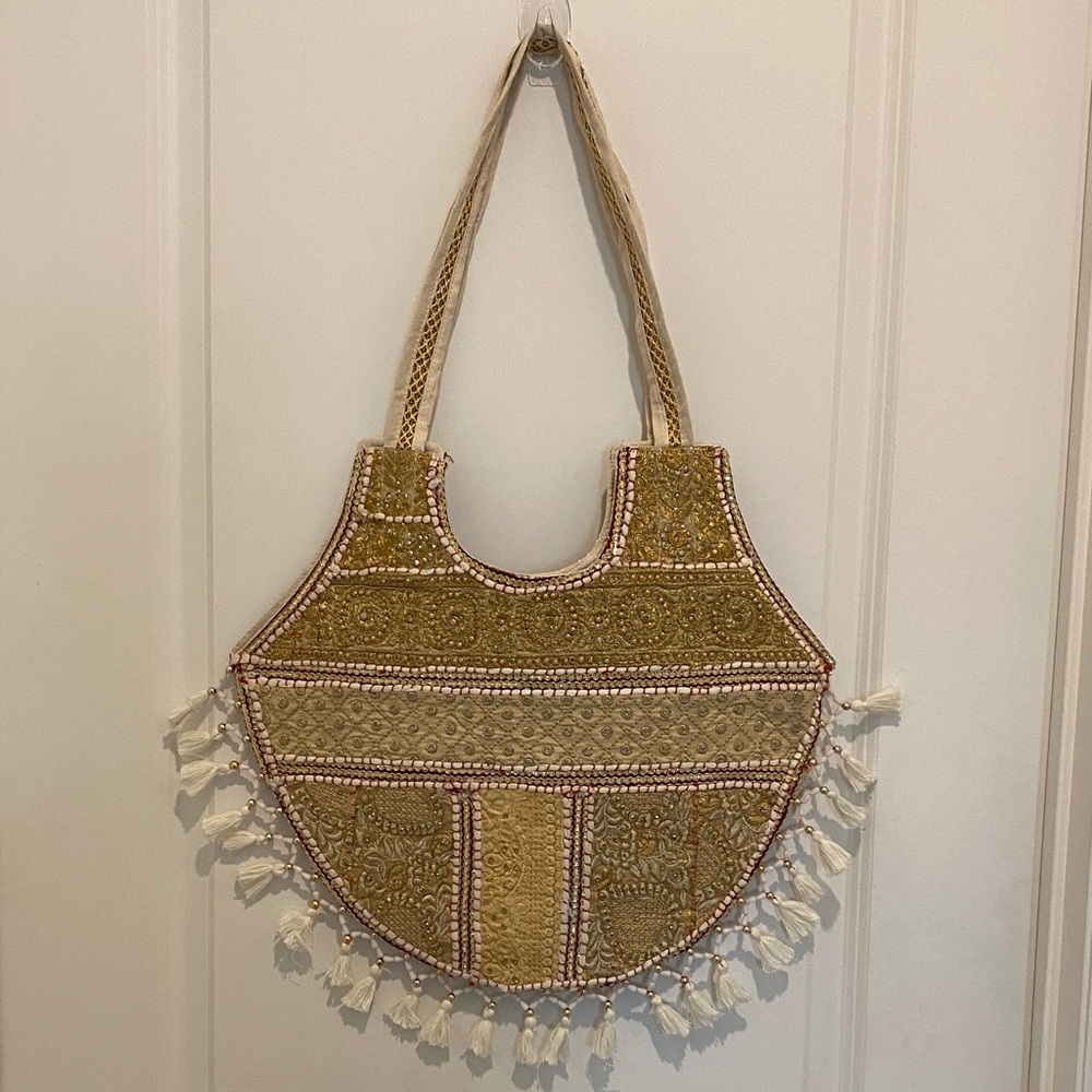 Embroidered Boho Tote Bag in Mustard Yellow